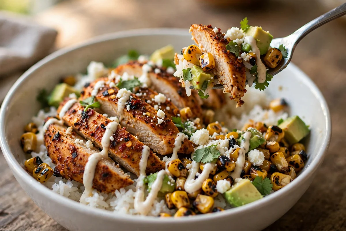 Close-up of a street corn chicken bowl with charred corn, sliced chicken, cotija and avocado over rice