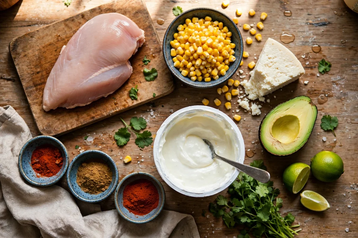 Ingredients for viral street corn chicken bowls: chicken breast, corn kernels, cotija cheese, Greek yogurt, lime, avocado, cilantro and spices