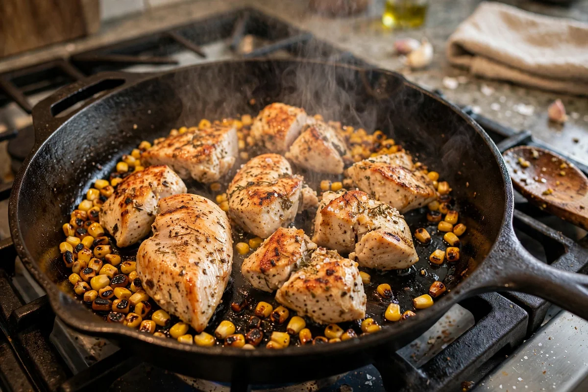 Chicken searing in a hot skillet and corn kernels charring in the same pan for street corn chicken bowls