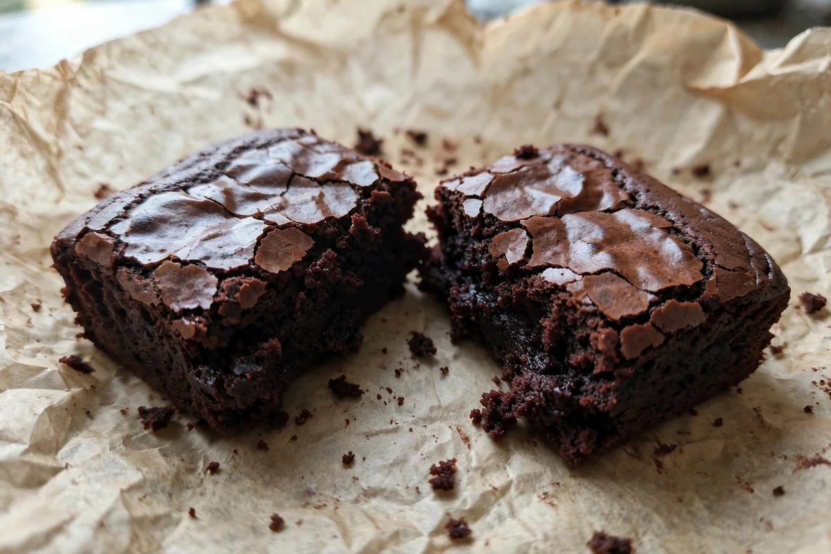 Close-up of a zero-carb brownie showing the dense fudgy interior