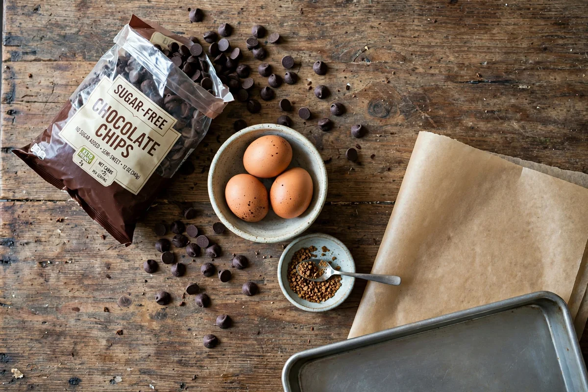 Bag of sugar-free chocolate chips and three eggs on a kitchen counter