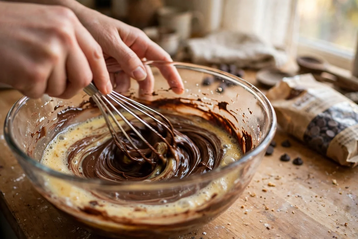Hands whisking melted sugar-free chocolate into frothy eggs in a glass bowl